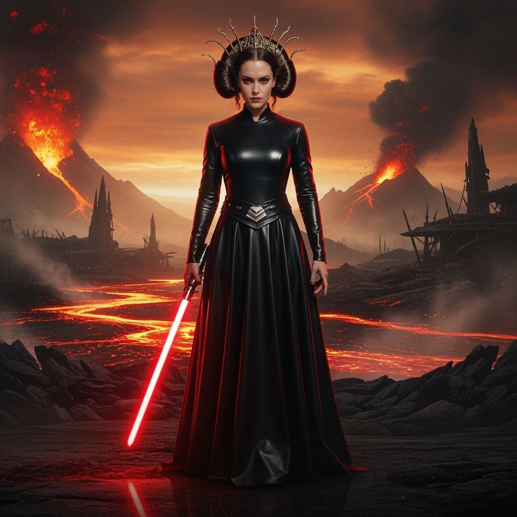 Evil Padme with Lightsaber in Fiery Landscape