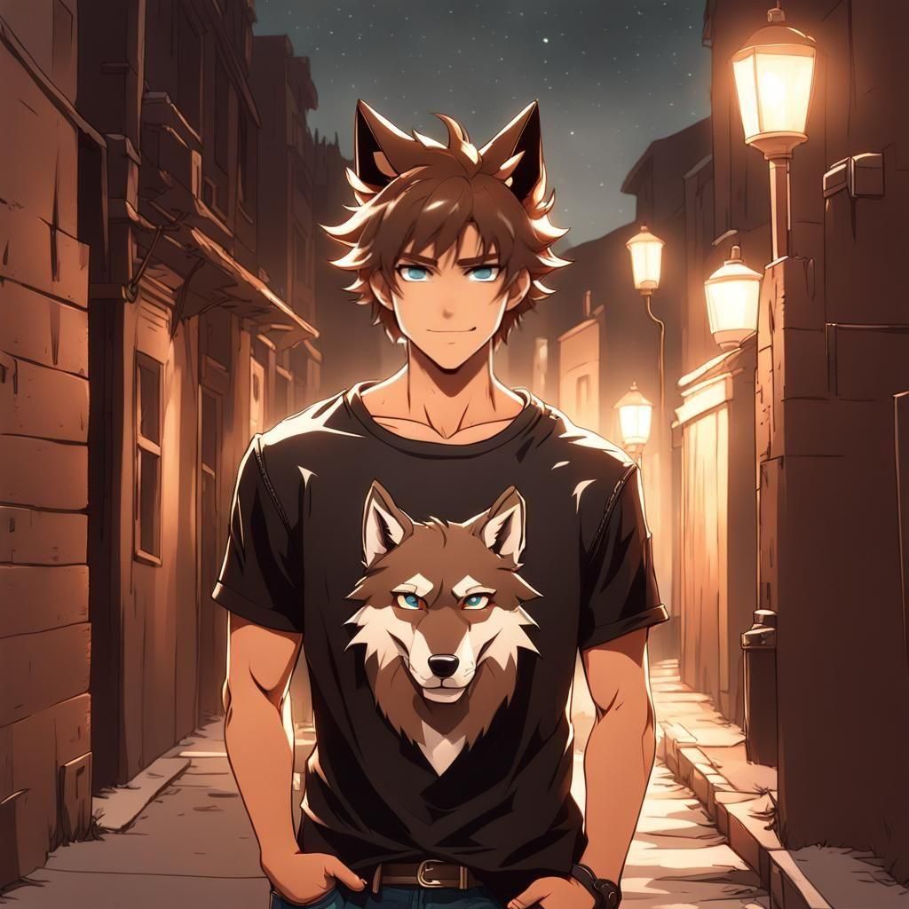 Anime Boy with Wolf Ears in Alley at Night