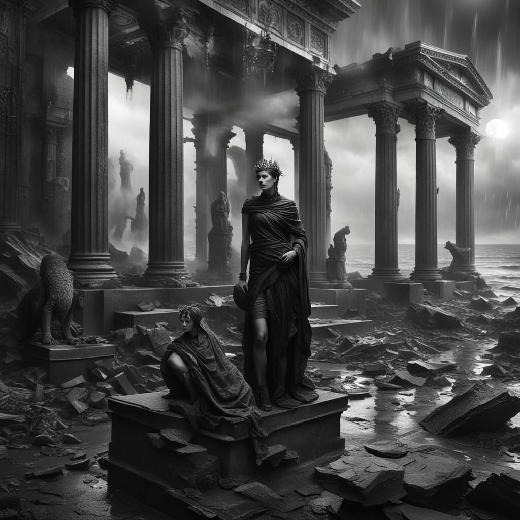 Goth Model in Coffee Shop with Marble Ruins