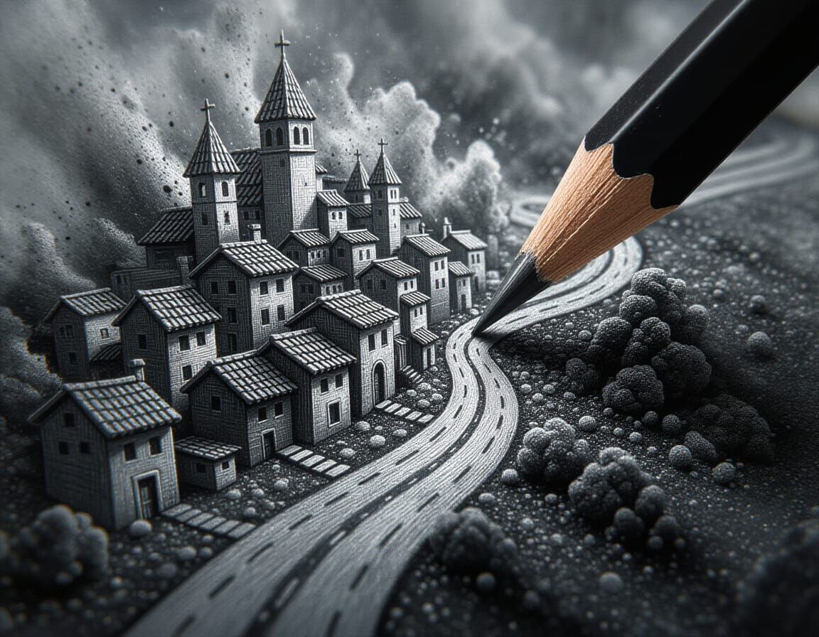 Charcoal Pencil Draws Village From Lead, Cinematic Realism