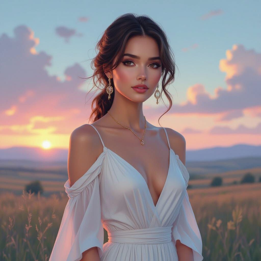 Elegant Woman in Dreamy Landscape, Digital Art