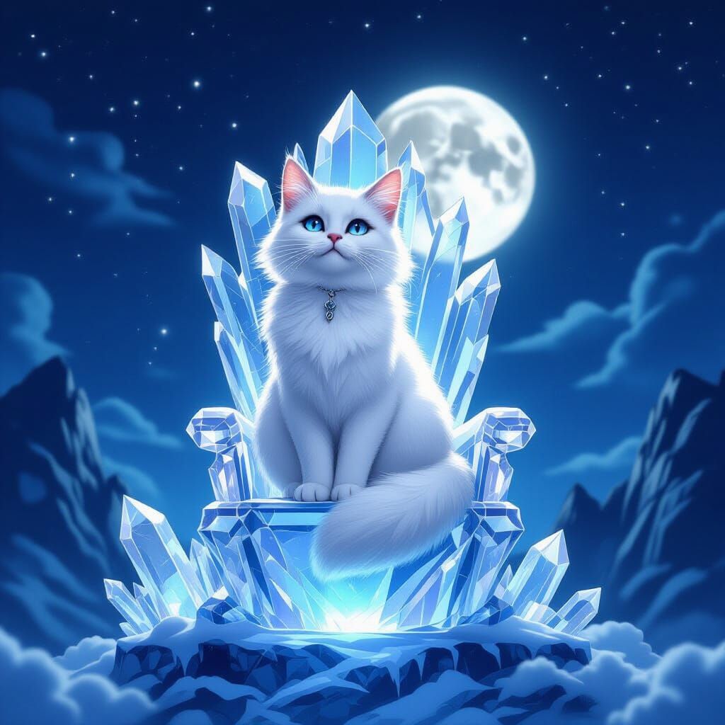 Majestic Cat on Crystal Throne Under Moonlight