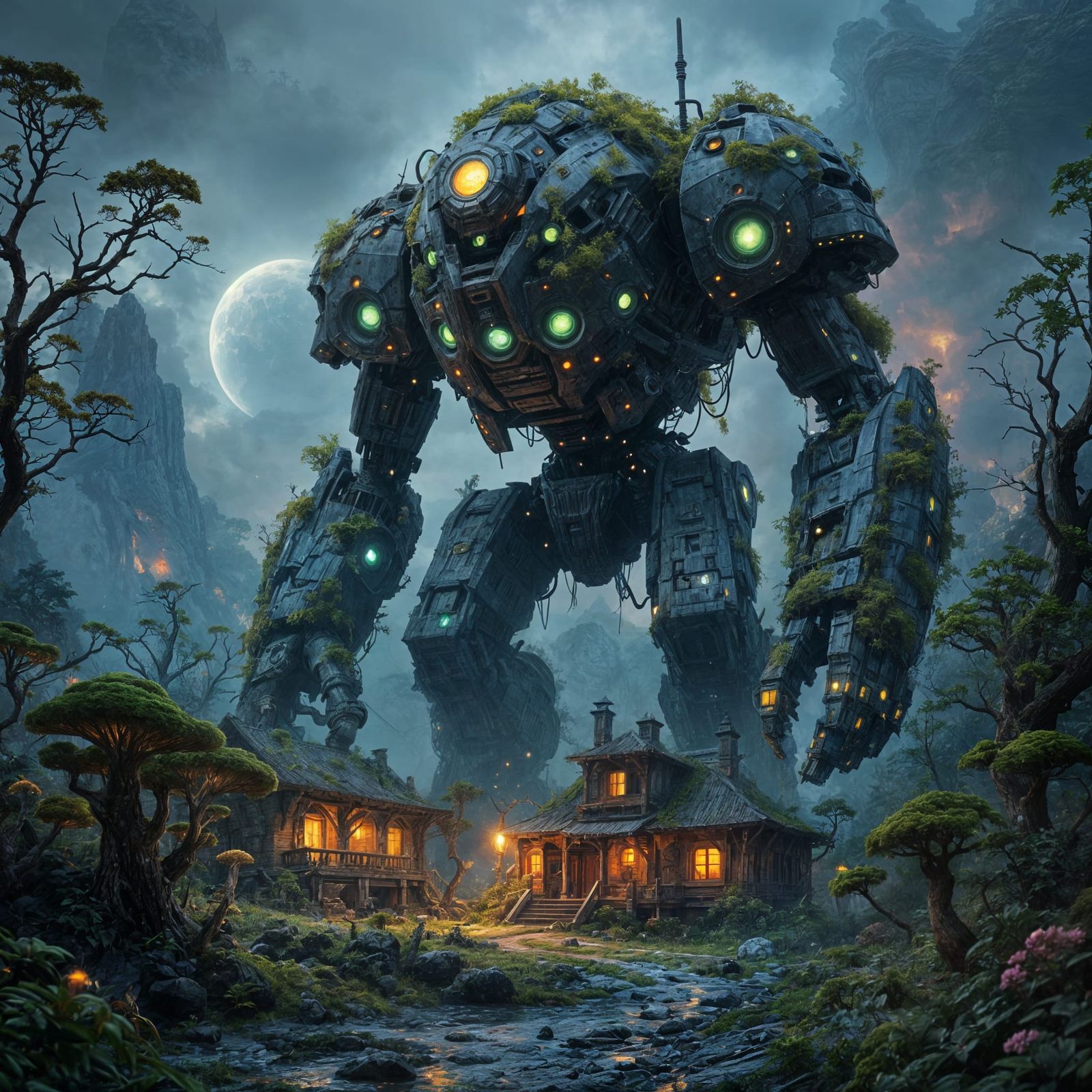 Ancient Mech Guards Overgrown Village in Ethereal Glow