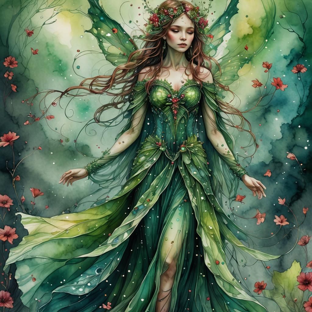 Detailed Green Fairy in Jeweled Gown