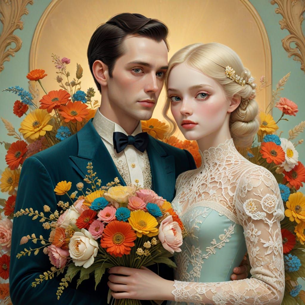 Vibrant Pop Surrealist Portrait with Bouquet and Lace
