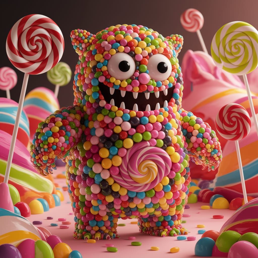 Candy Monster in Whimsical Candyland Landscape
