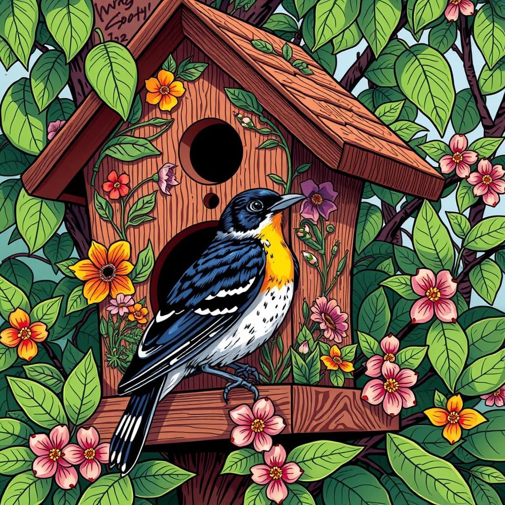 Cartoon Birdhouse in Alfons Mucha Style