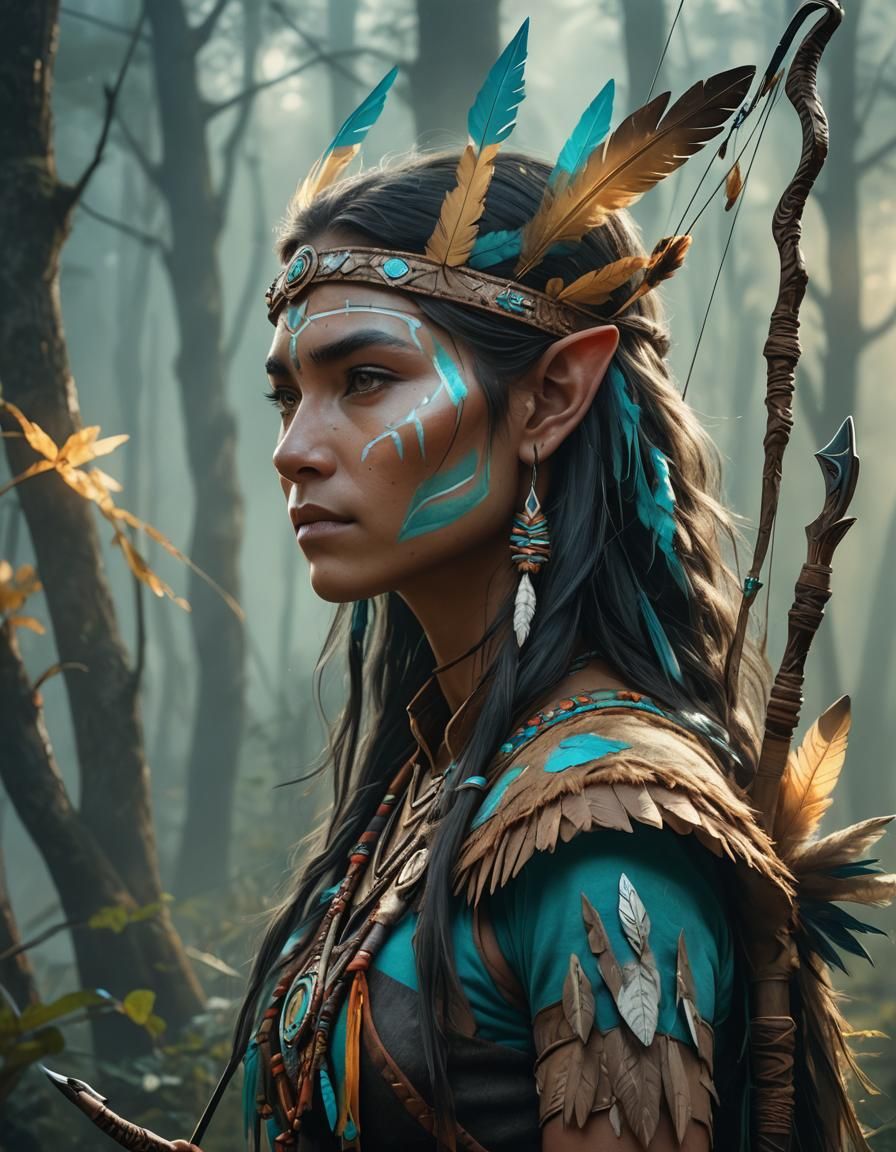 Navajo Elf with Bow in Forest Light: Fantasy Art