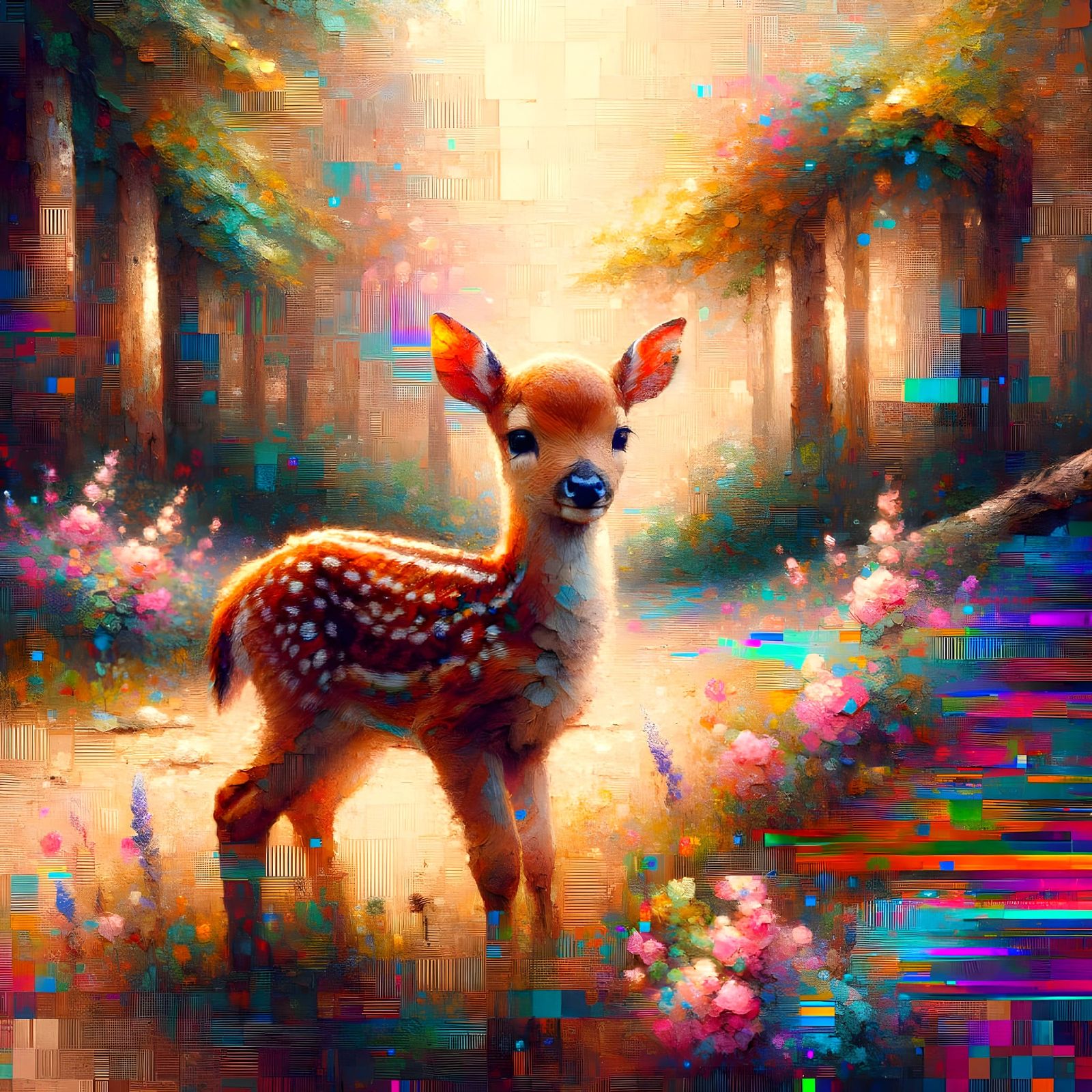 Fawn in Dreamy Forest Clearing with Glitch Art