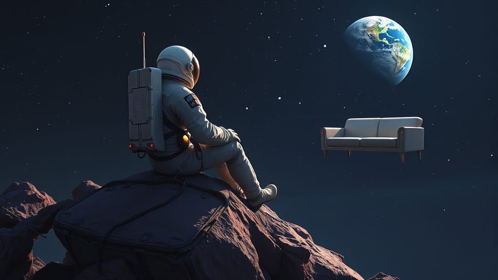 Astronaut Sits Alone on Rock, Watching Earth in Vibrant Past...