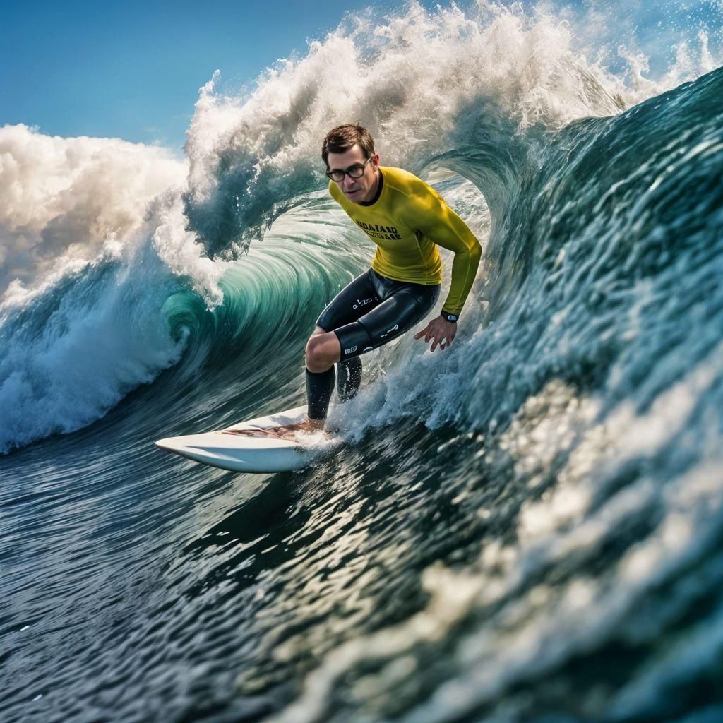 Rivers Cuomo Surfing a Wave: Hyperrealistic Photo