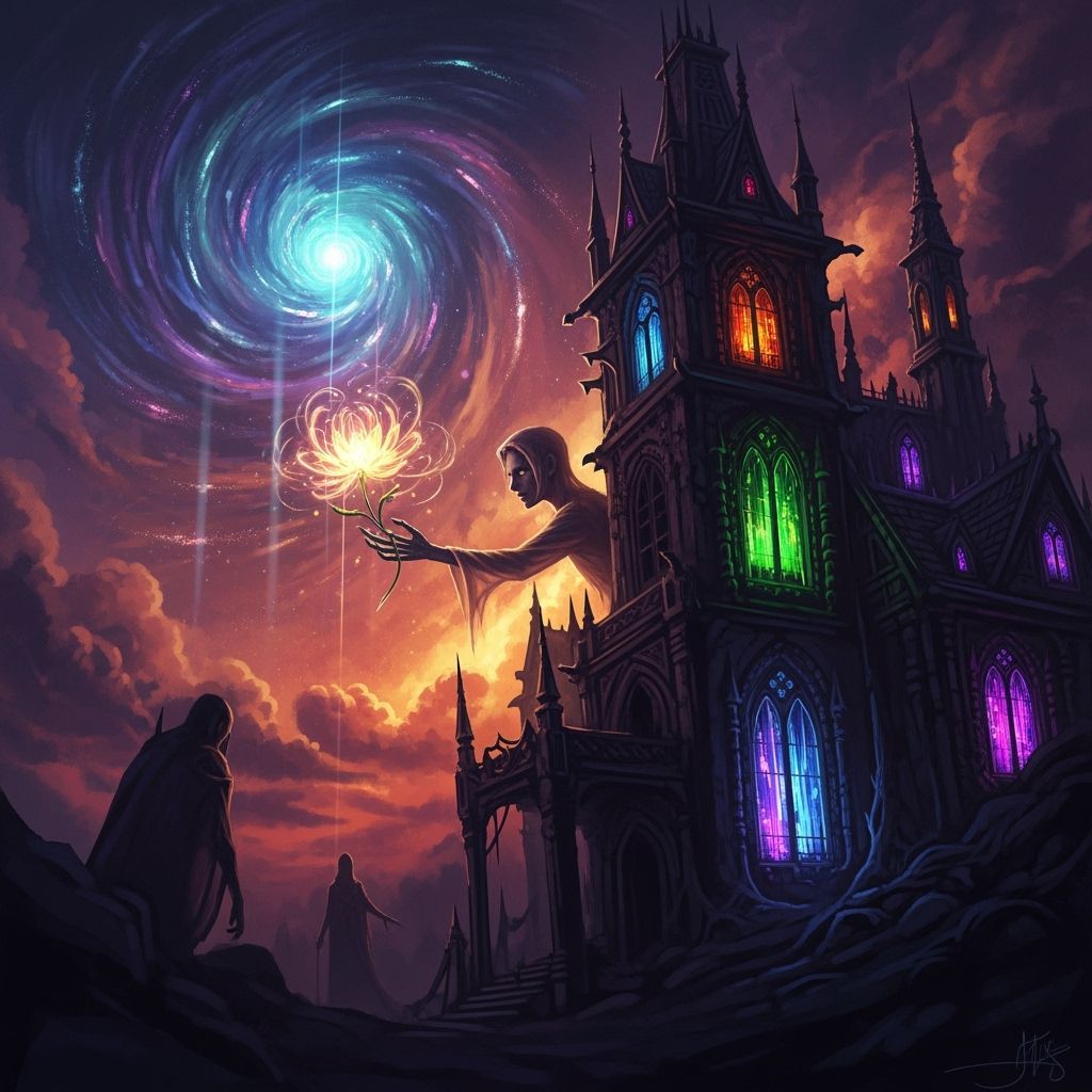 Gothic Mansion in Cosmic Sky, Painterly Style
