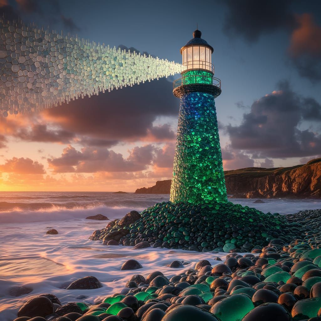 Sea Glass Lighthouse Sculpture on Rocky Shore