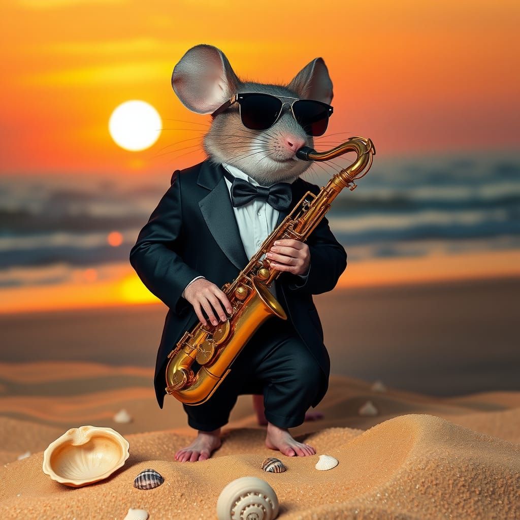 Suave Mouse Plays Saxophone on Serene Beach at Sunset