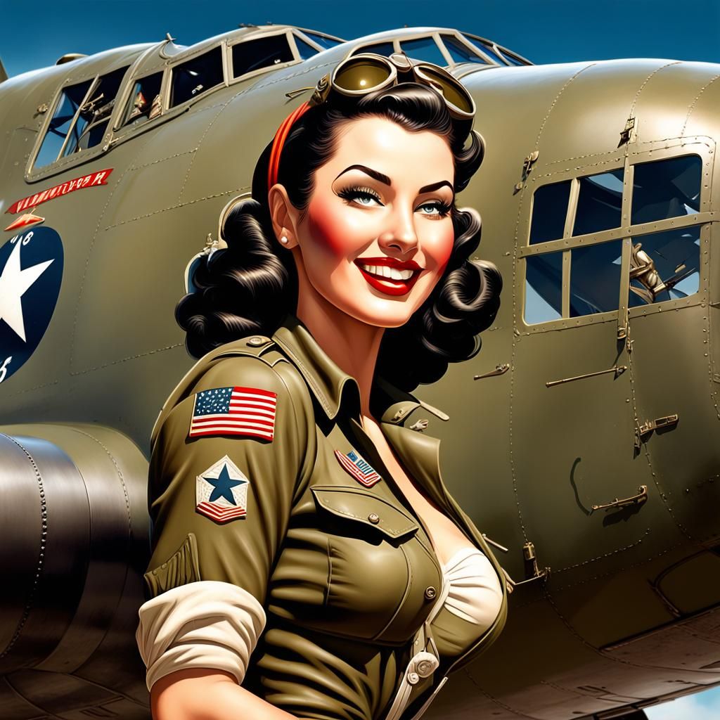 WWII Bomber Nose Art Pin-Up Girl in Vargas Style