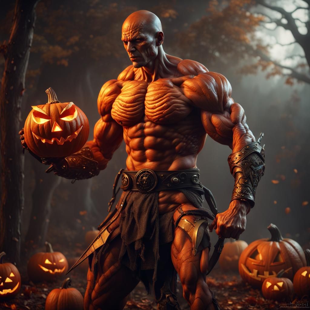 Hyperrealistic Jack O' Lantern Warrior in Matte Painting Sty...