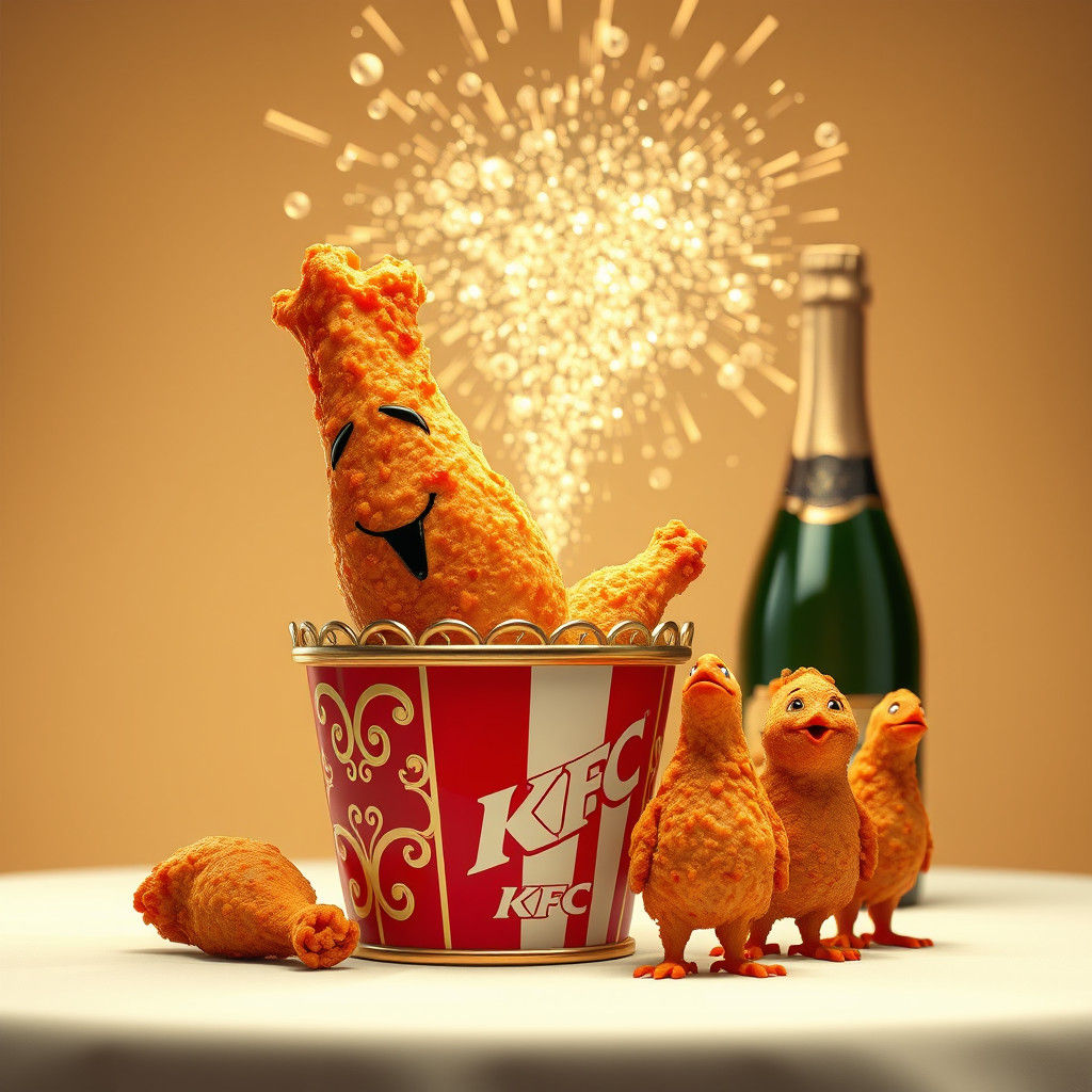 Pixar-Style Chicken Leg Celebration with Champagne