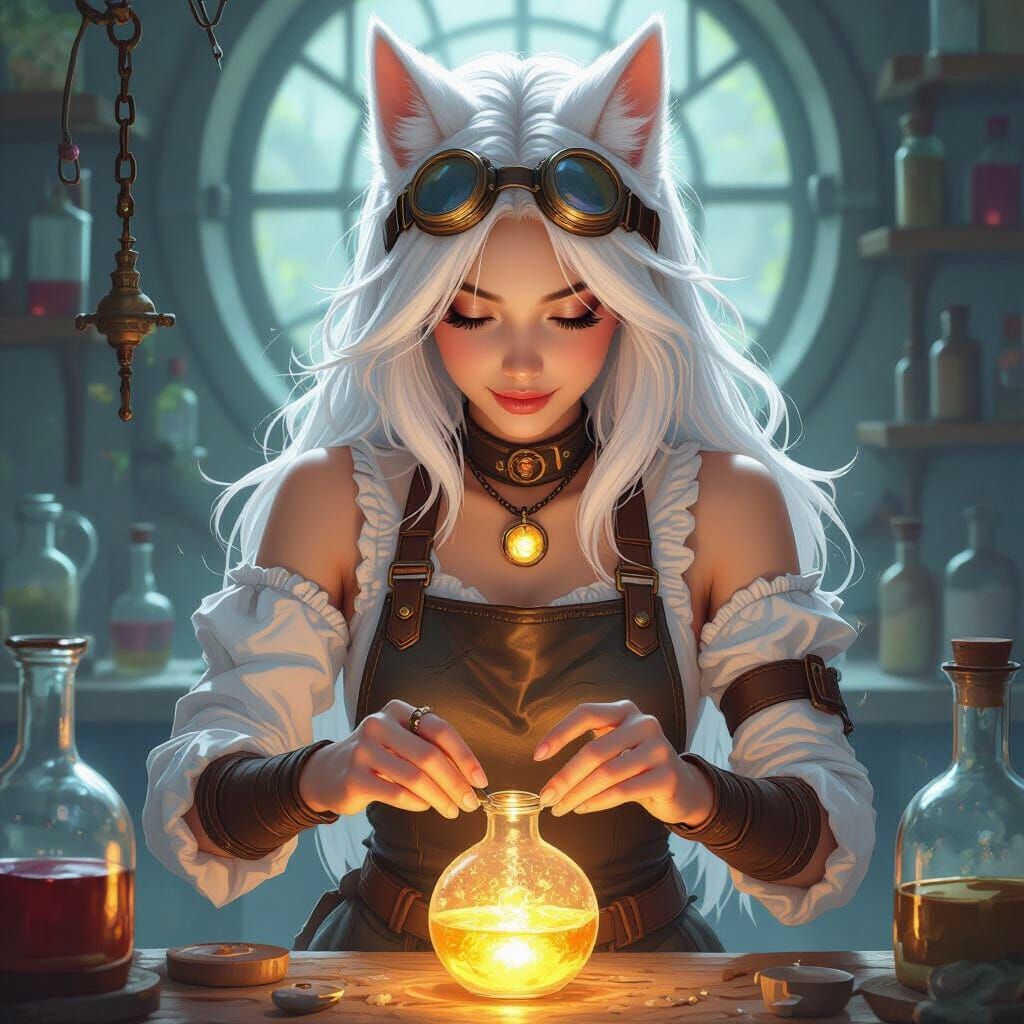 Kitsune Alchemist Brews Explosive Potion, Dreamy Art Style