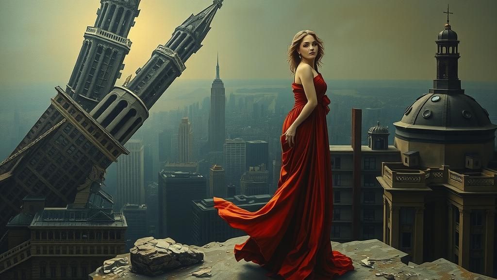 Surreal Woman at the Edge of Melting Cityscape