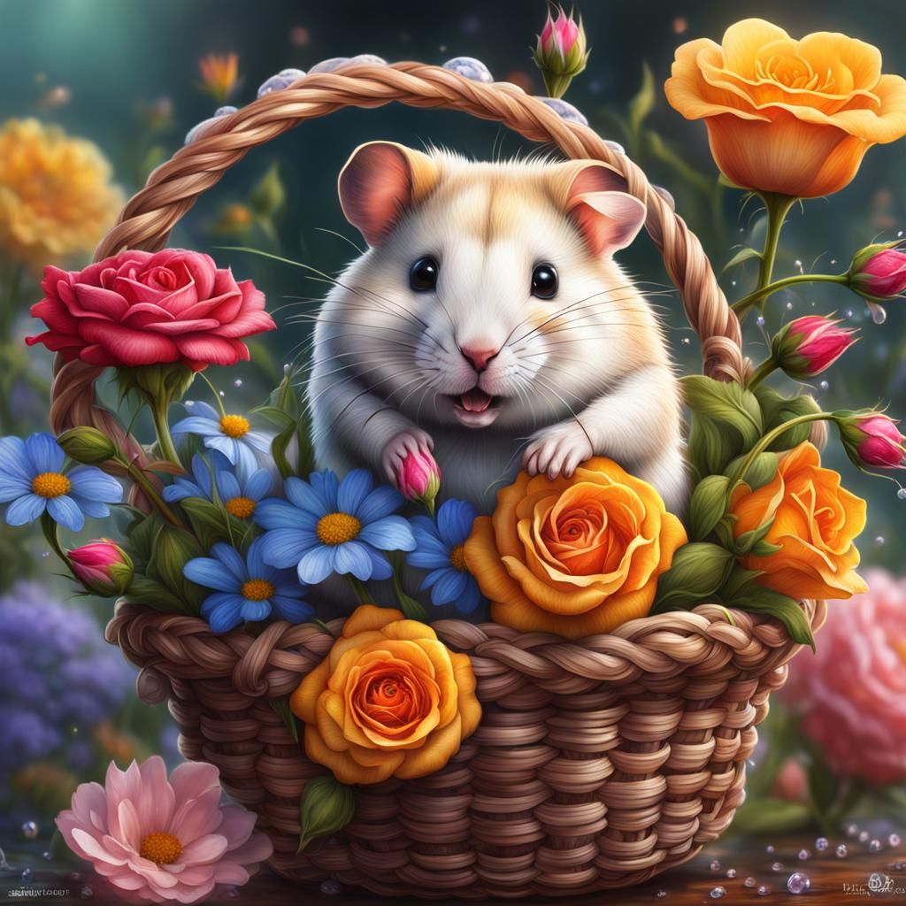 Hamster in Flower Basket: Detailed Oil Painting