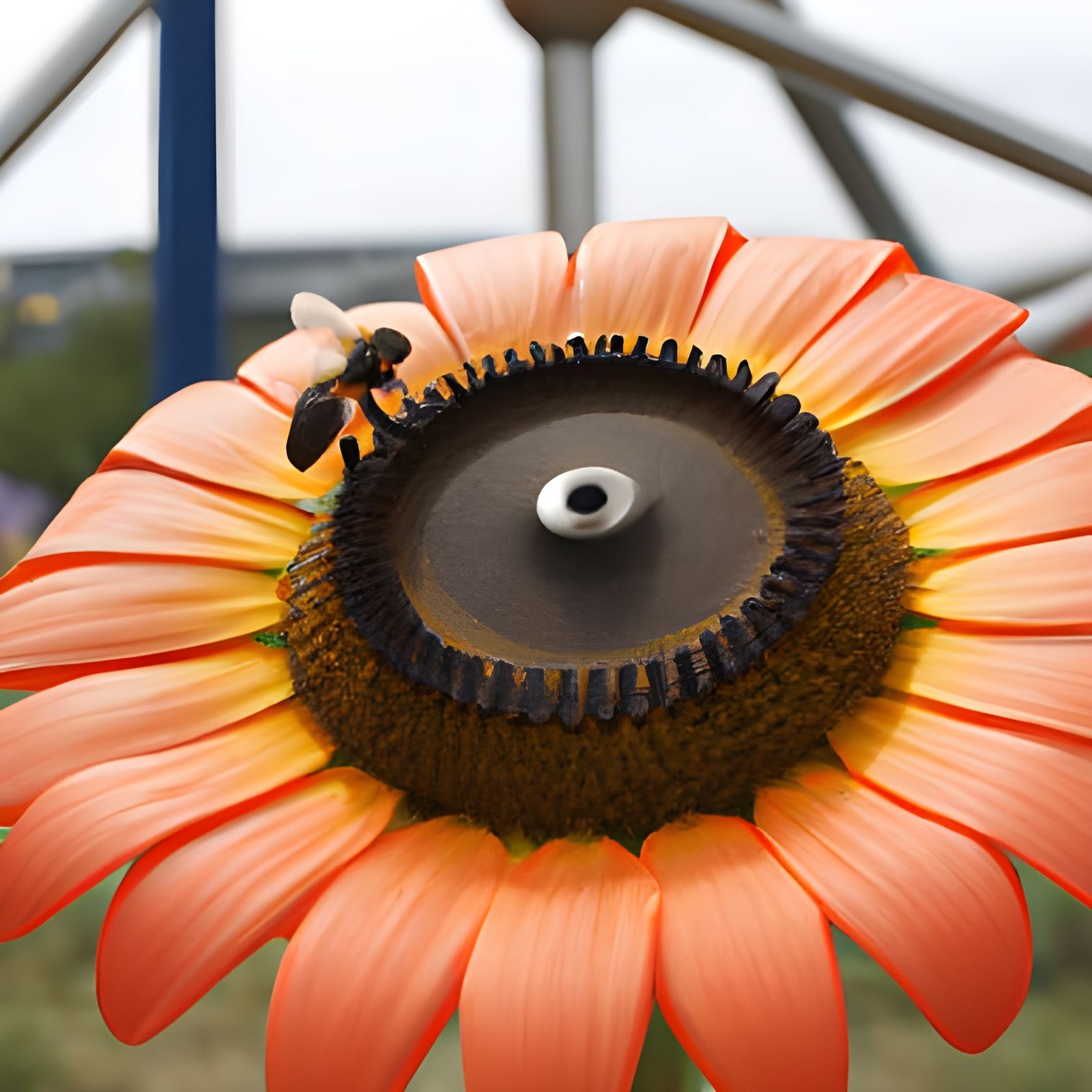 a bee on Mars sitting on a mechanical sunflower