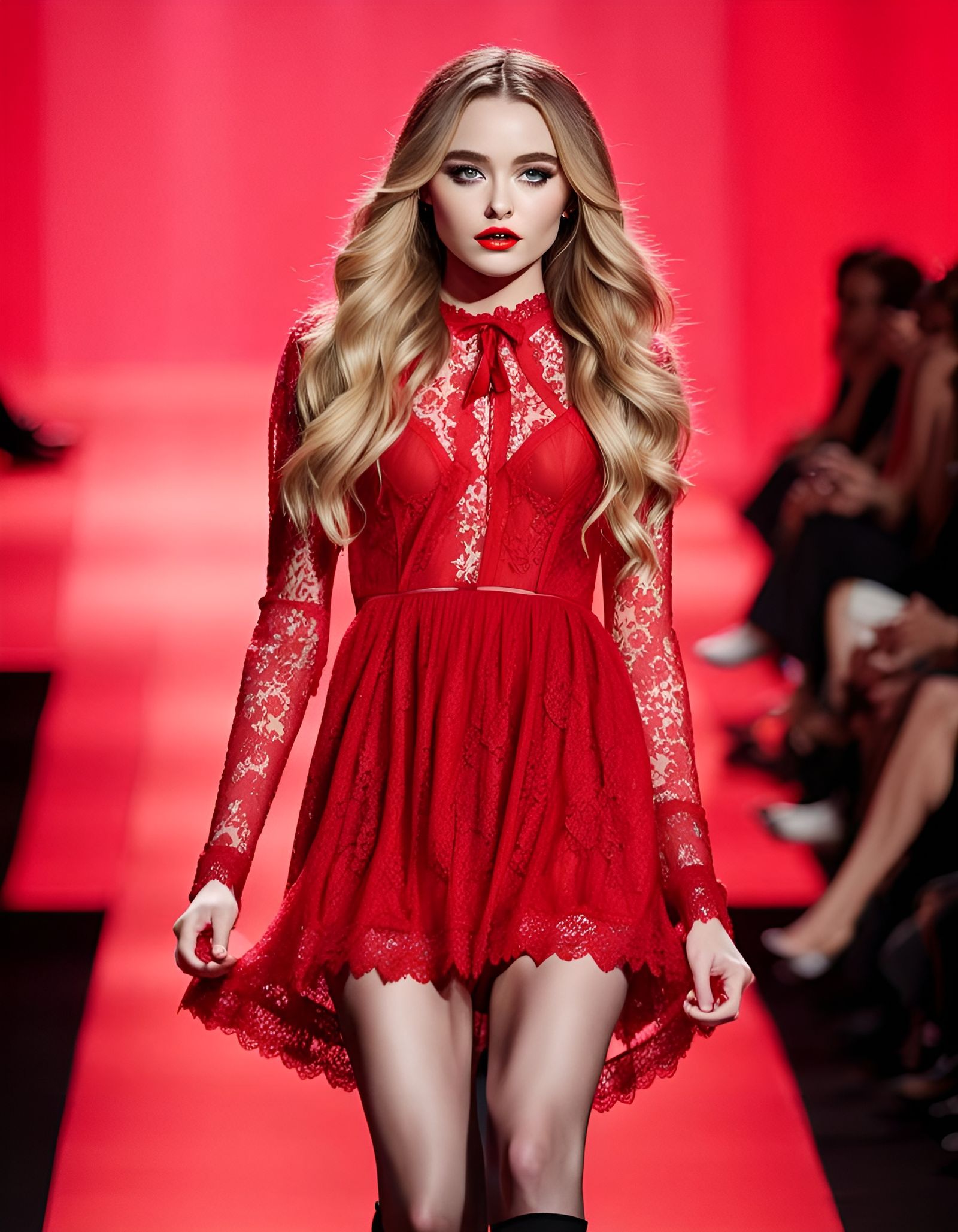 Supermodel in Red Lace Dress on Runway