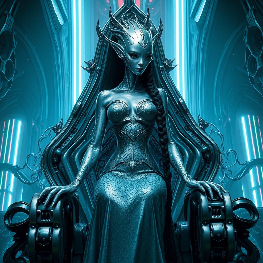 Silver-Scaled Alien Queen on Biomechanical Throne