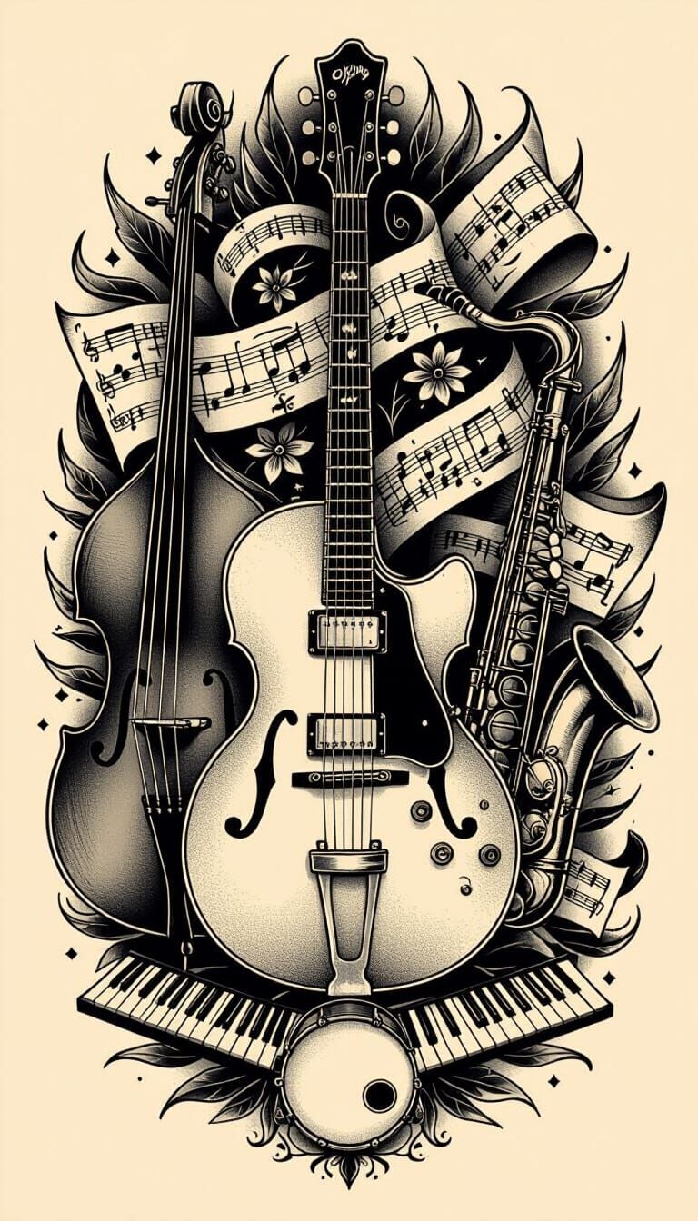 Blackwork Tattoo Design: Jazz Guitar, Bass, Saxophone, Drums