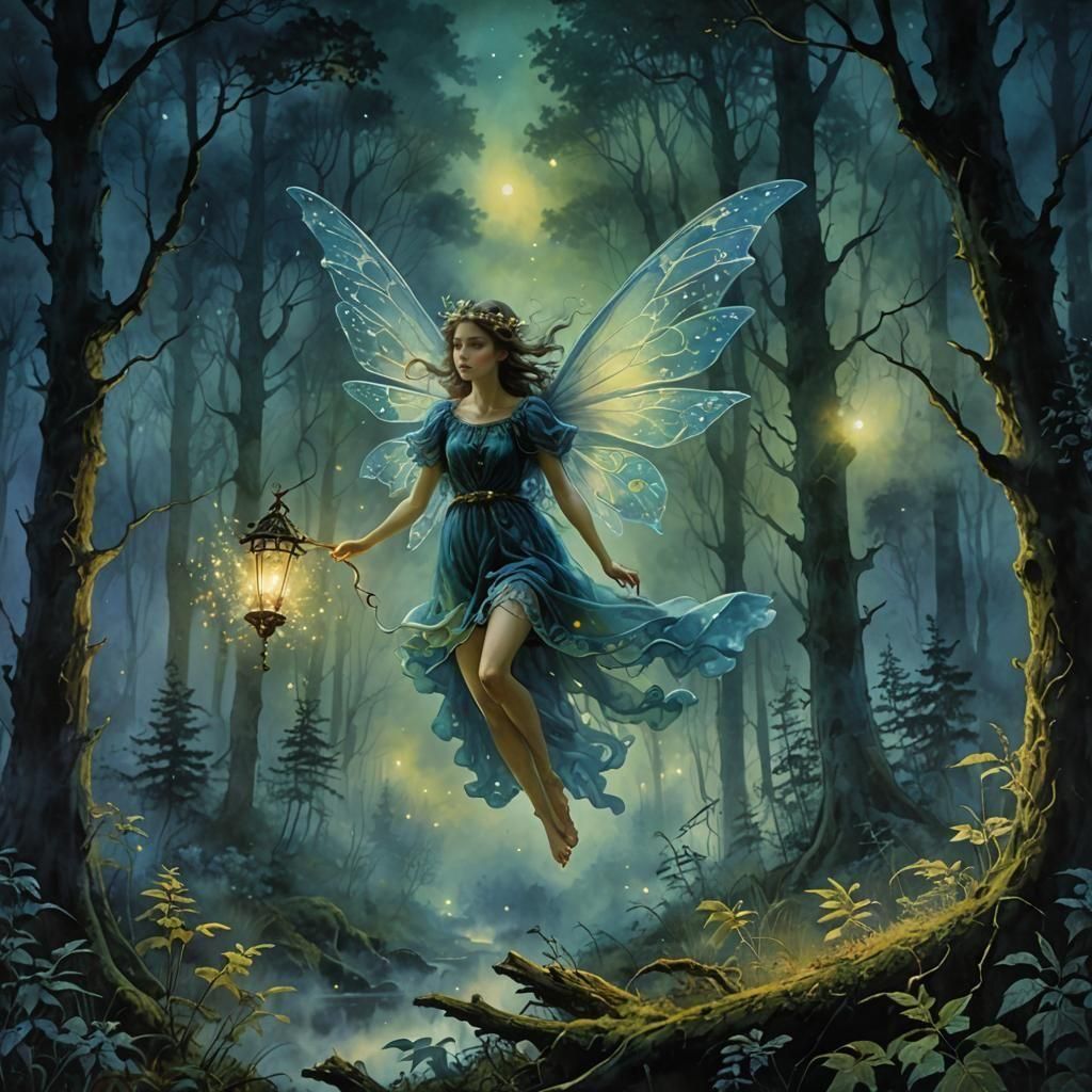 Fairy flying in the forest at night