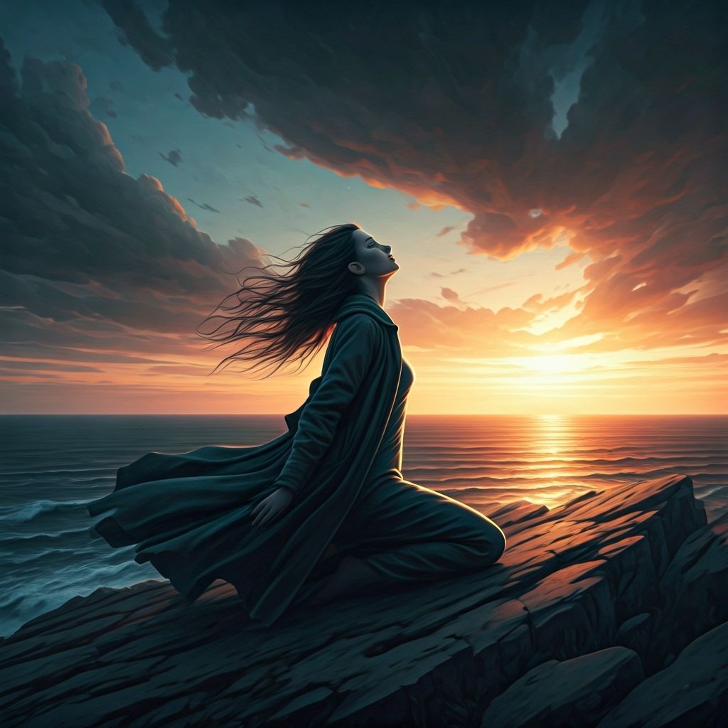 Solitary Woman on Cliff Contemplating Vast Sea Under Aurora
