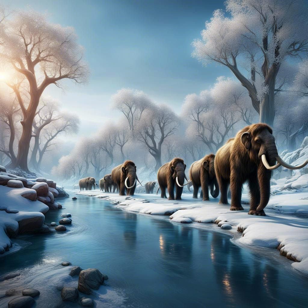 Mammoth Herd in Winter Landscape, Matte Painting
