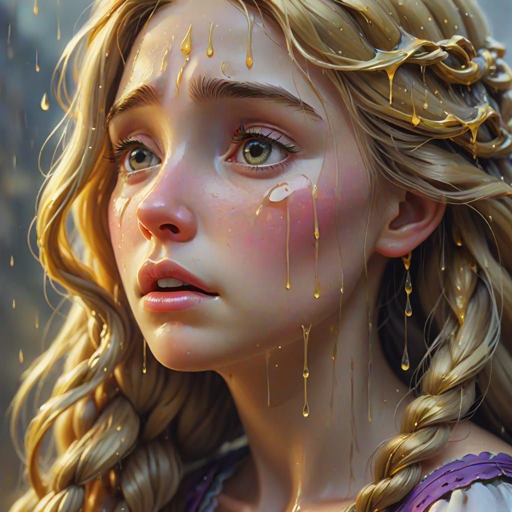 Poignant Rapunzel Crying: Surreal Oil Painting