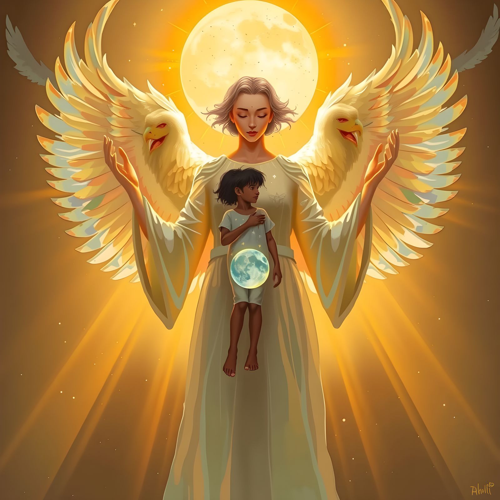 Angel's Gentle Embrace in Dawn's Soft Light
