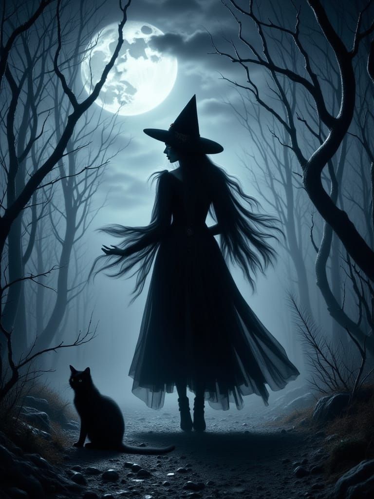 Mysterious Witch Under Full Moon in Gothic Forest