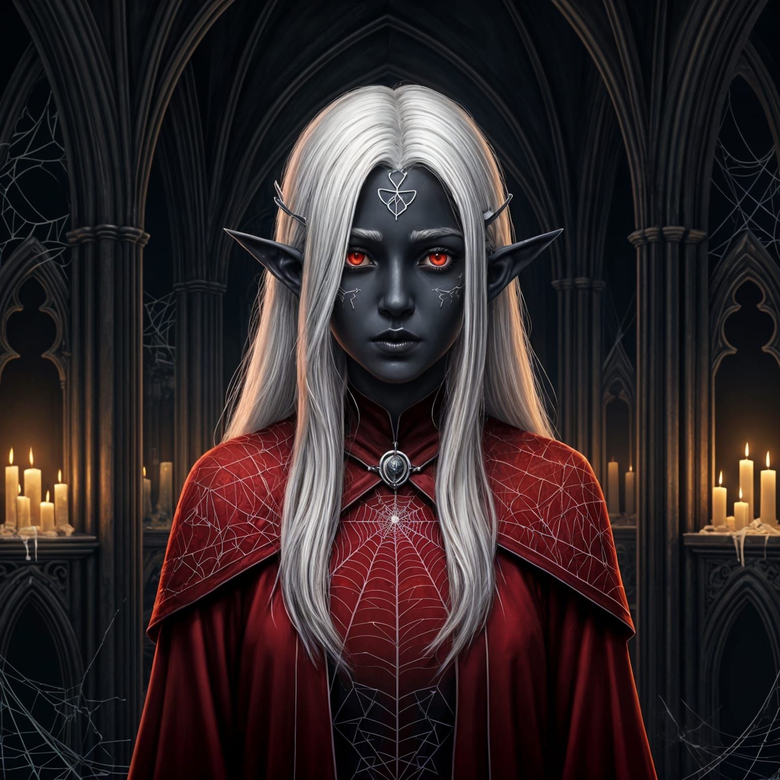 Drow Girl in Gothic Temple: Dark Fantasy Art