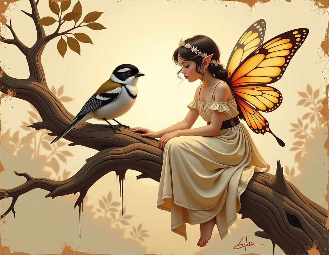Fairy Girl with Songbird in Matte Painting Style