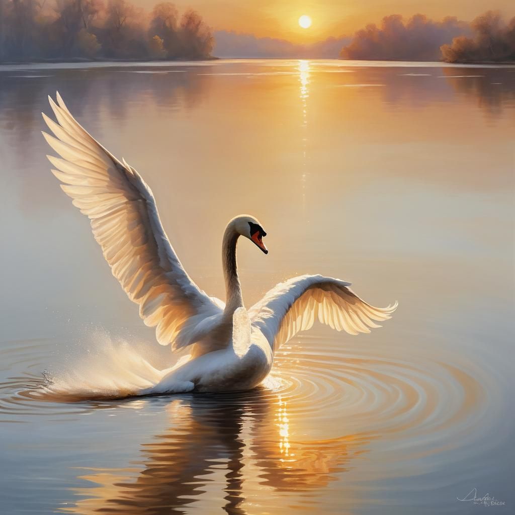 White Swan Sunset: Impasto Painting of Graceful Flight