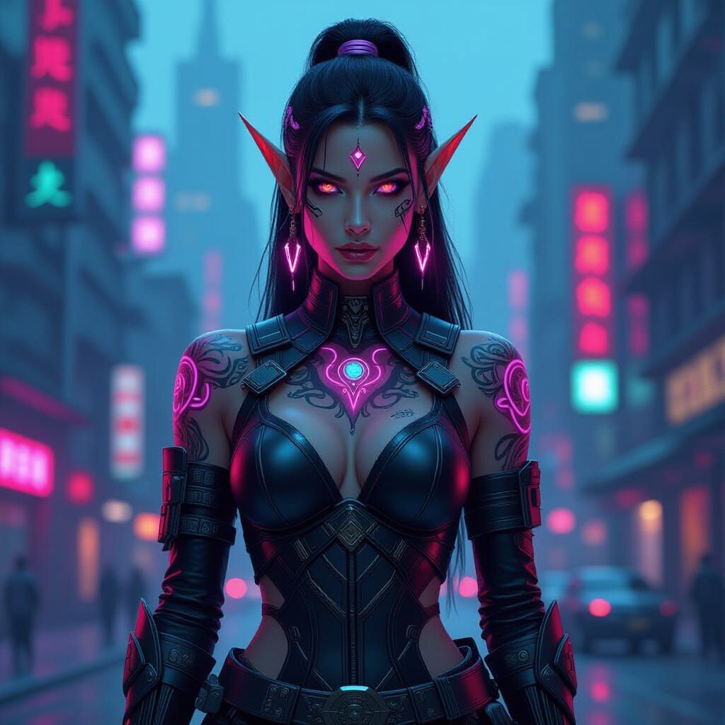 Cyberpunk Elf Queen with Glowing Tattoos in Neon City