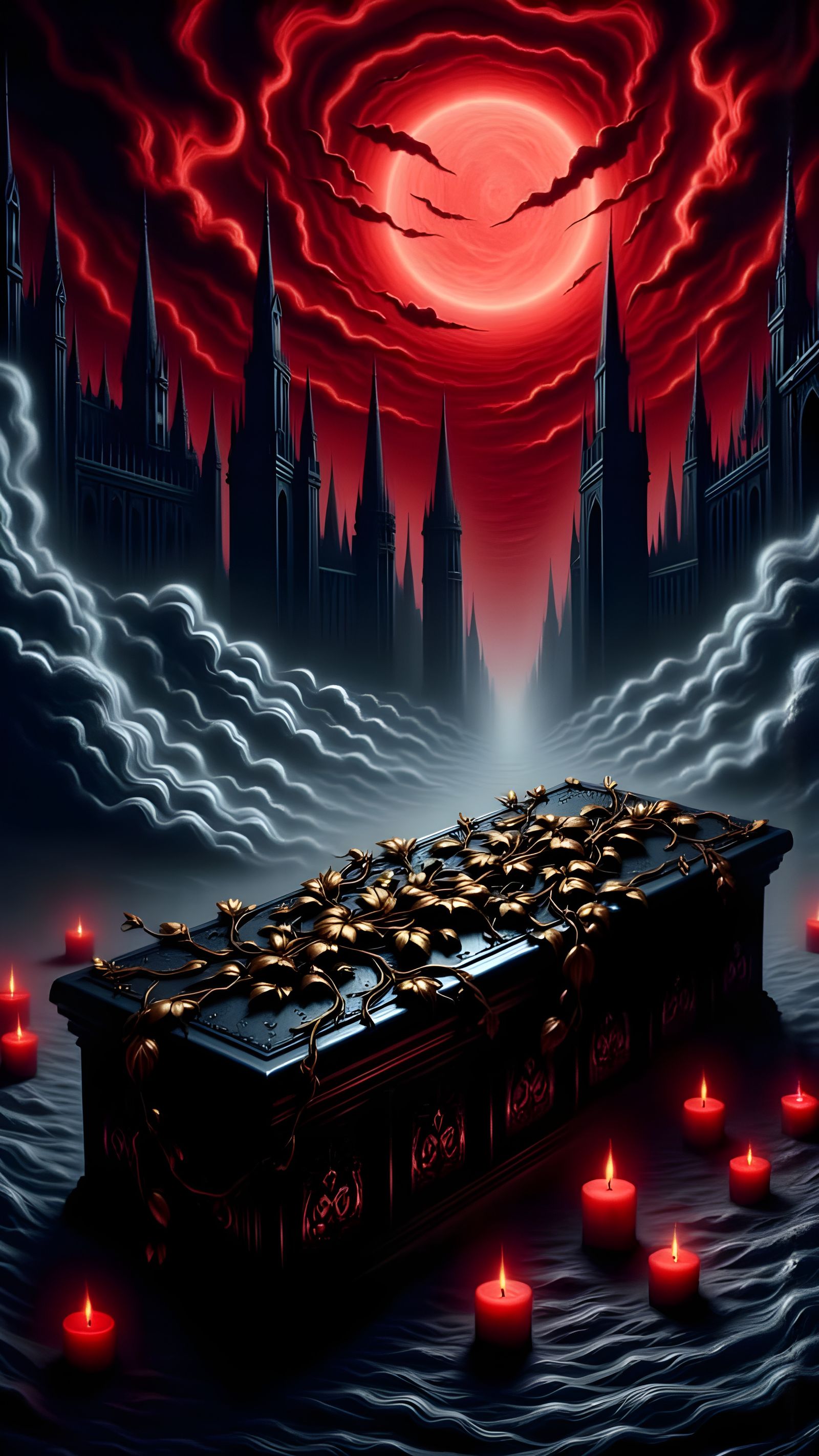 Ominous Coffin Scene with Golden Ivy