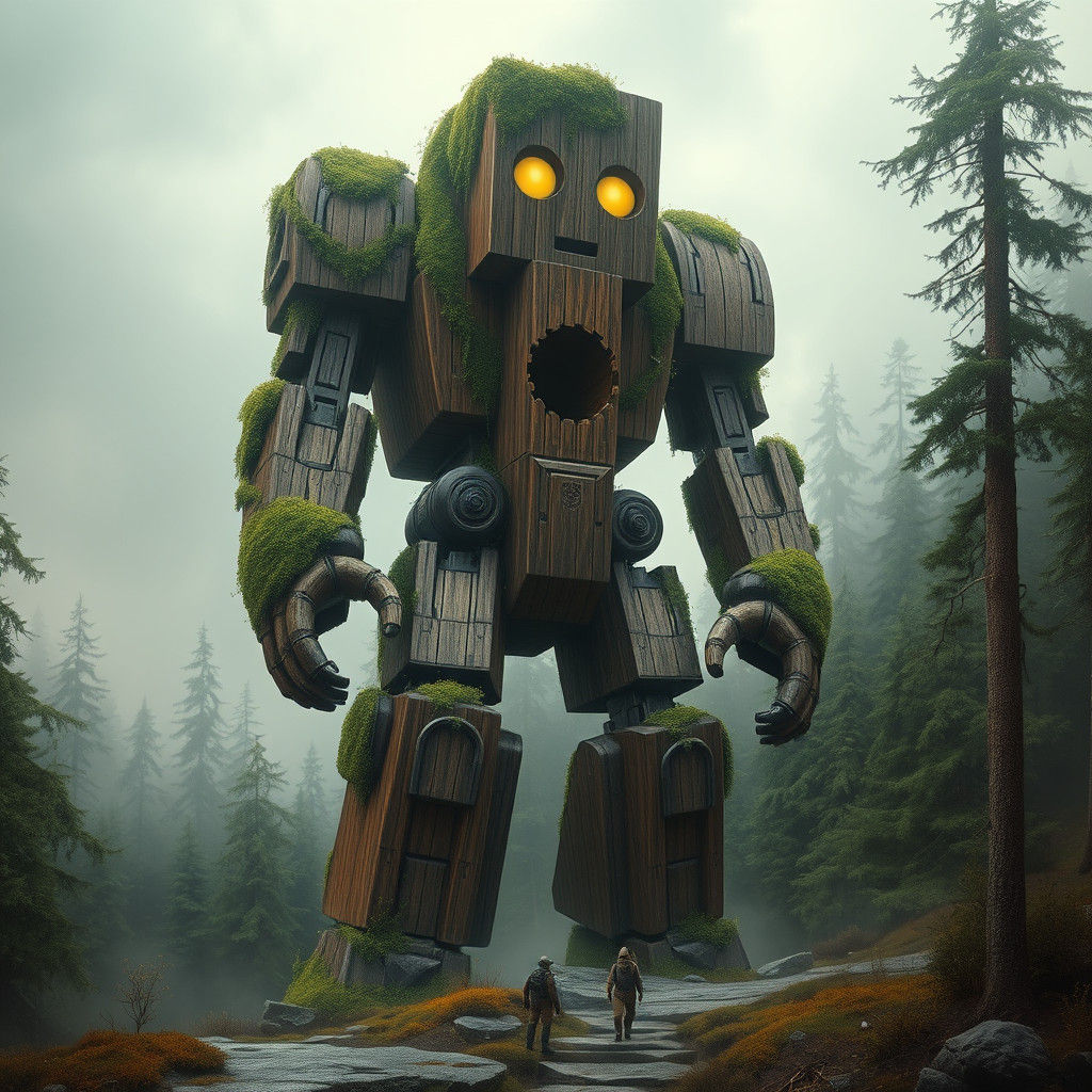 Moss-Covered Wooden Robot in Mystical Forest