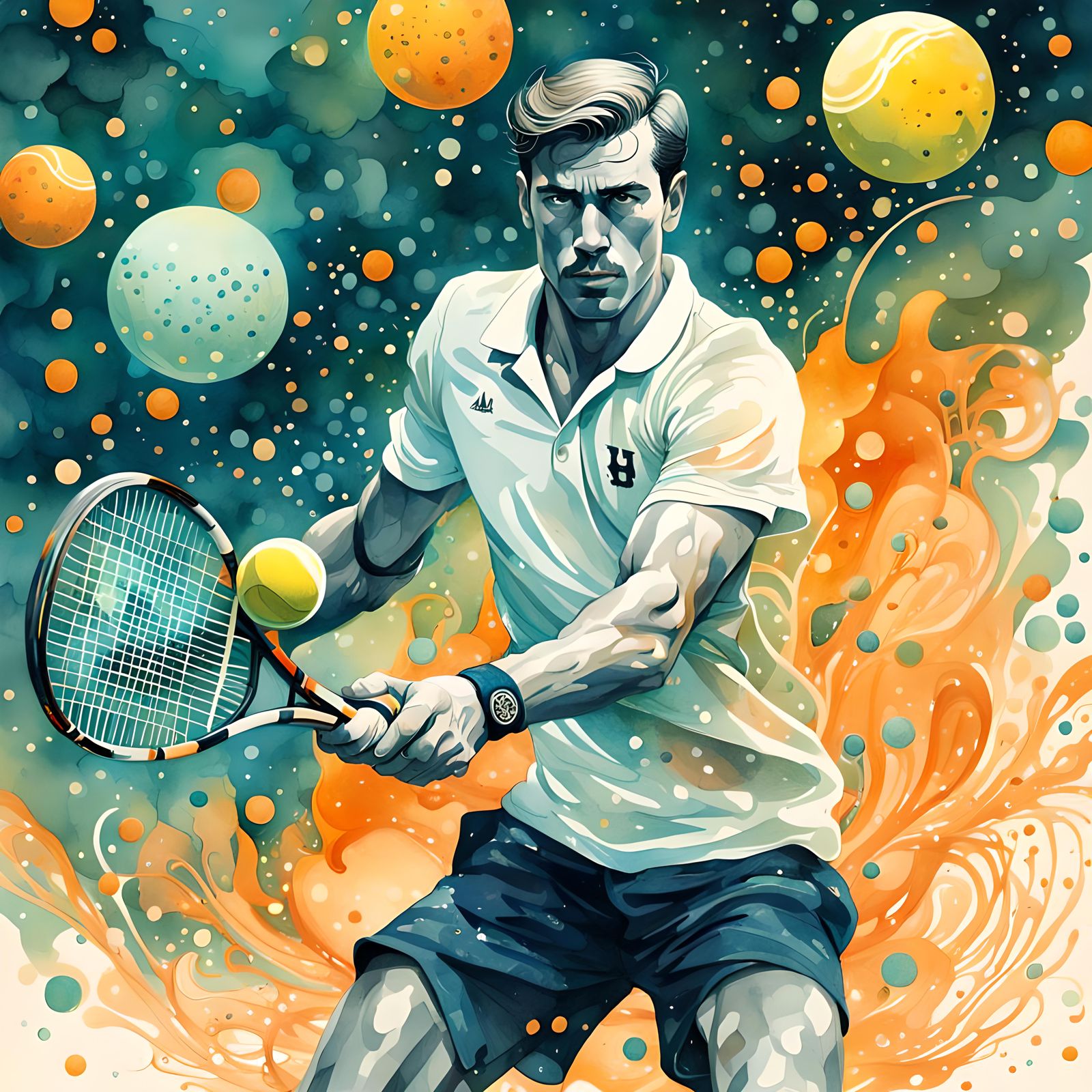 Watercolor Tennis Player with Magic Details
