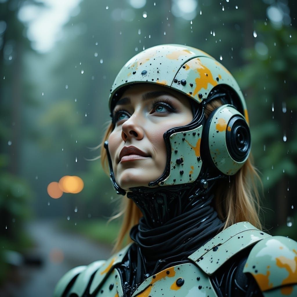Cyborg Maiden Smiles Under Gentle Rain