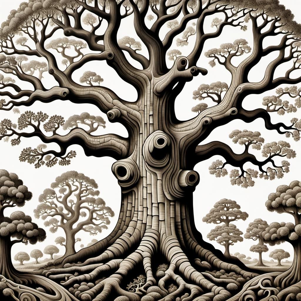 Surreal Oak Tree with Branching Trees