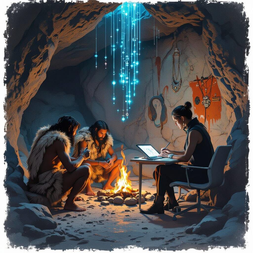 Early Humans Meet Modern Artist: A Conceptual Art Piece