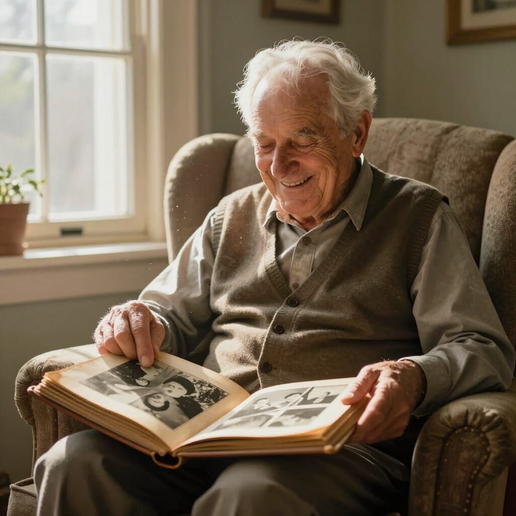 Joyful Elderly Man Reminisces Over Vintage Photo Album