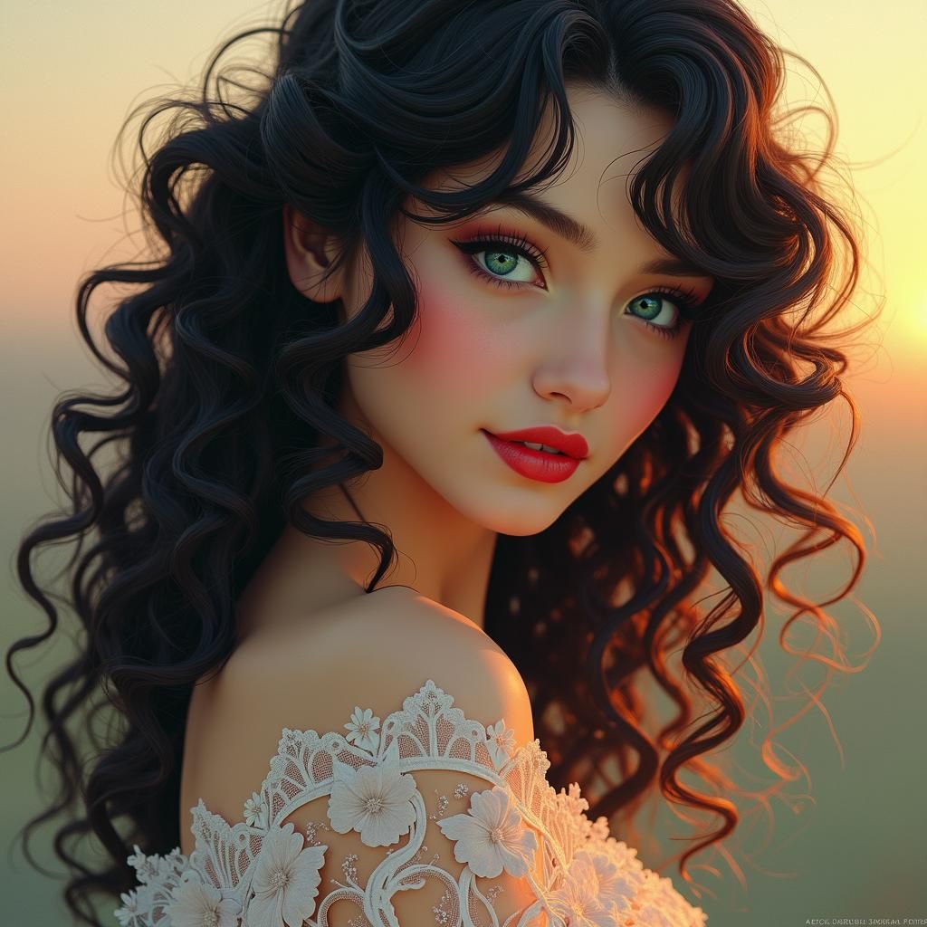 Glamorous Woman with Emerald Eyes in Art Nouveau Style