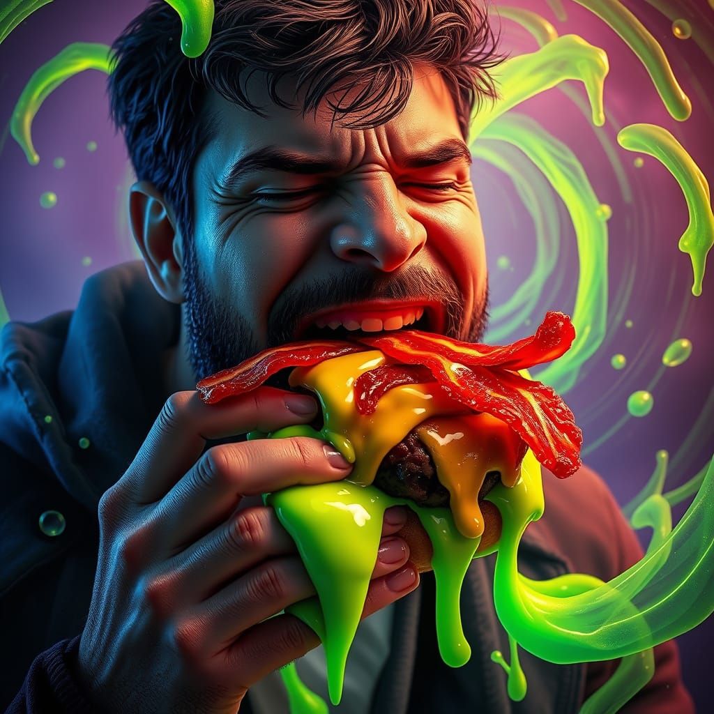 Ferran Devours a Glowing Bacon Hamburger Amidst a Swirling V...