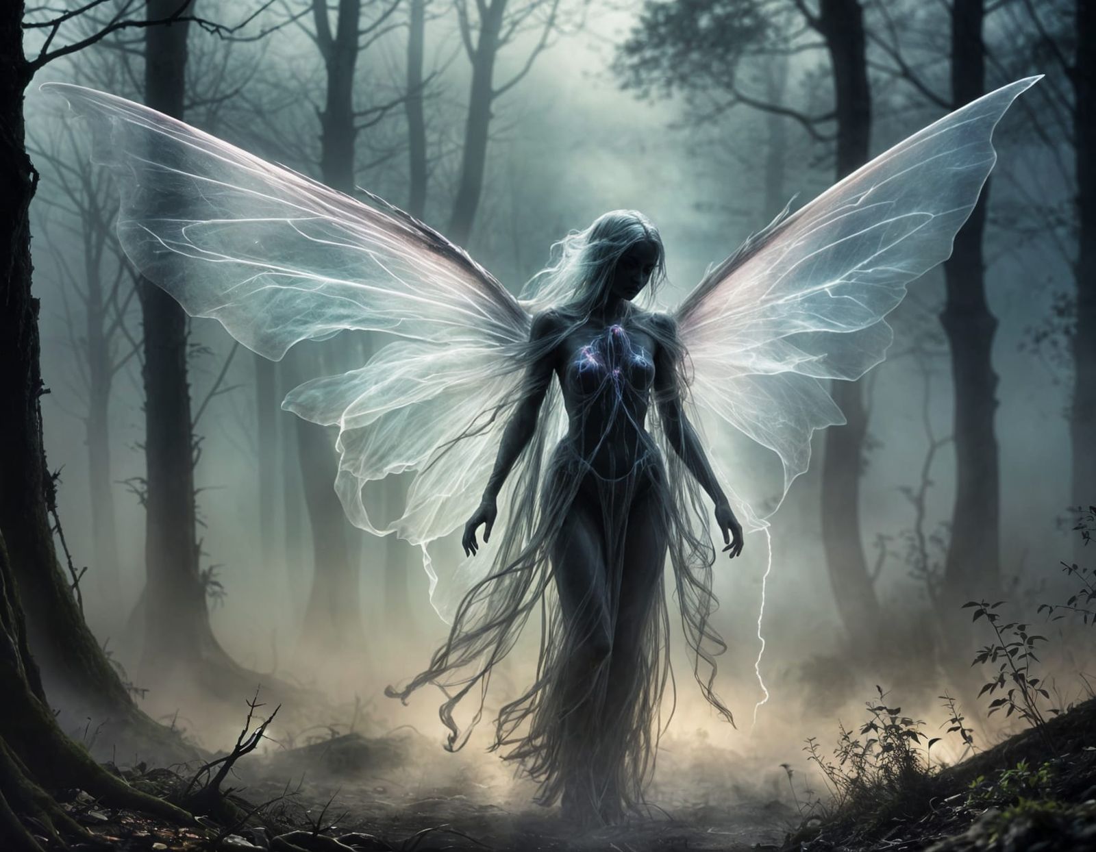 Grimdark Fairy Emerging from Haunted Bioluminescent Forest