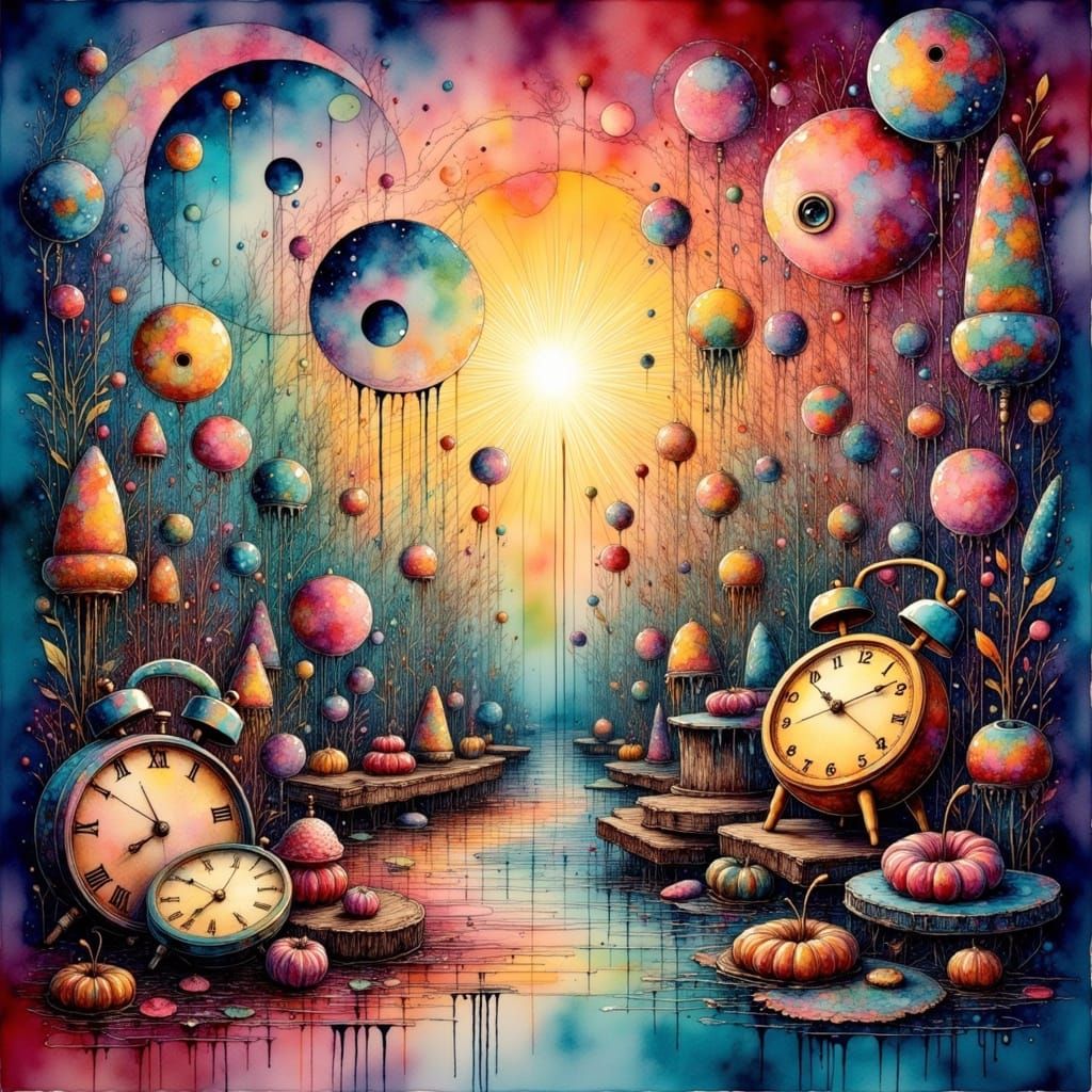 Surrealist Dreamscapes: Swirling Shapes and Golden Symbols