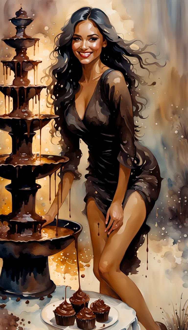 Chocolate Fountain Portrait in Watercolor Style